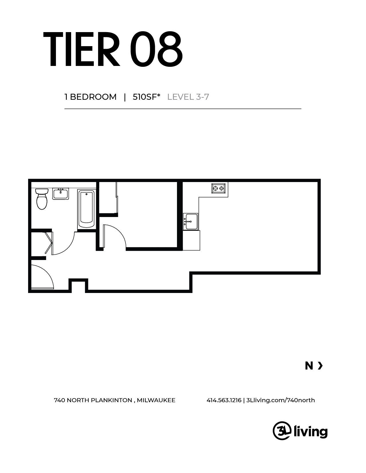 A black and white floor plan of a tier 08 apartment.