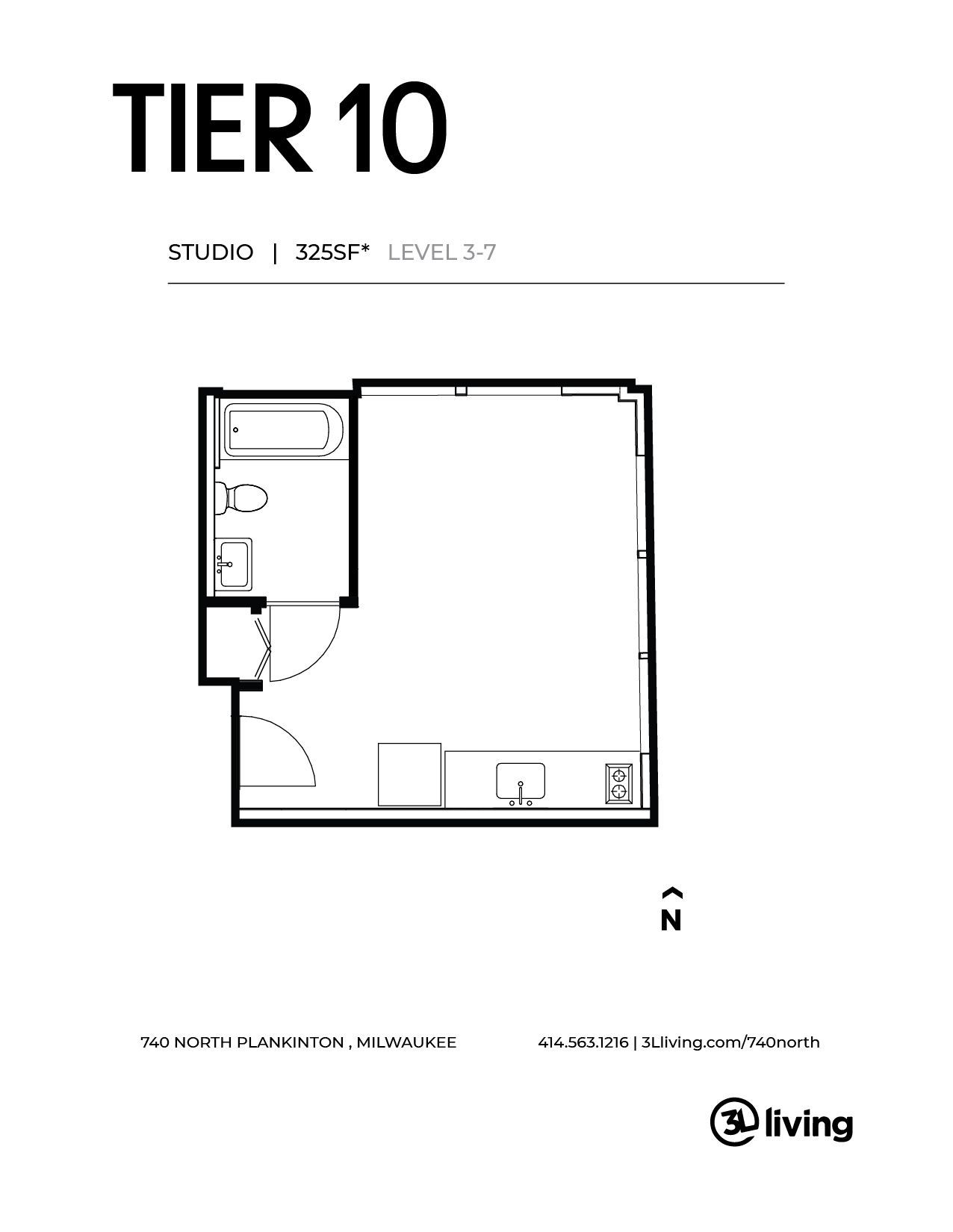 A black and white floor plan of a studio apartment.