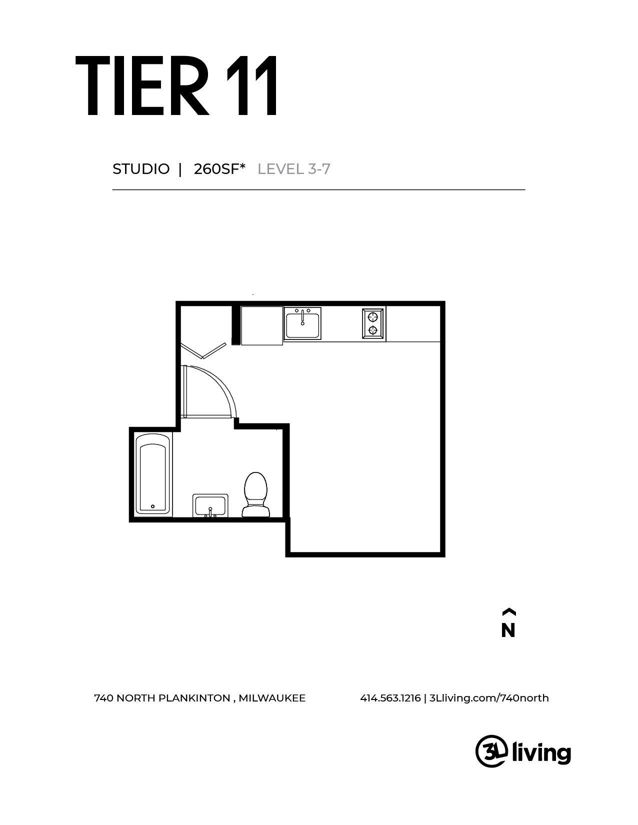 A black and white floor plan of a tier 11 apartment.