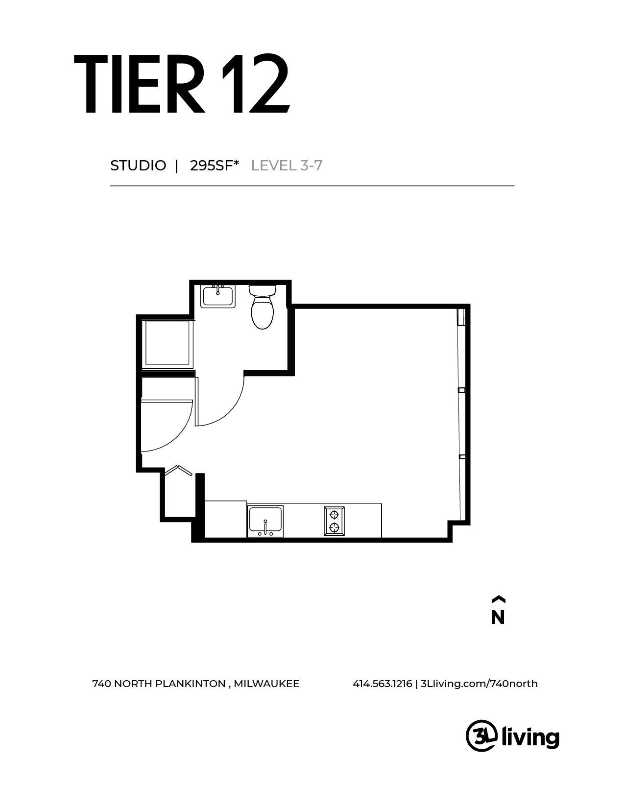 A black and white floor plan of a studio apartment.