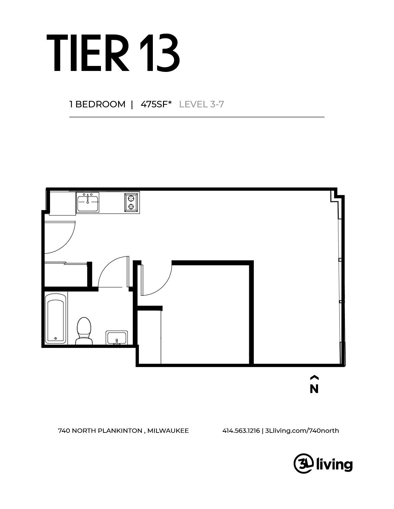 A black and white floor plan of a tier 13 apartment.