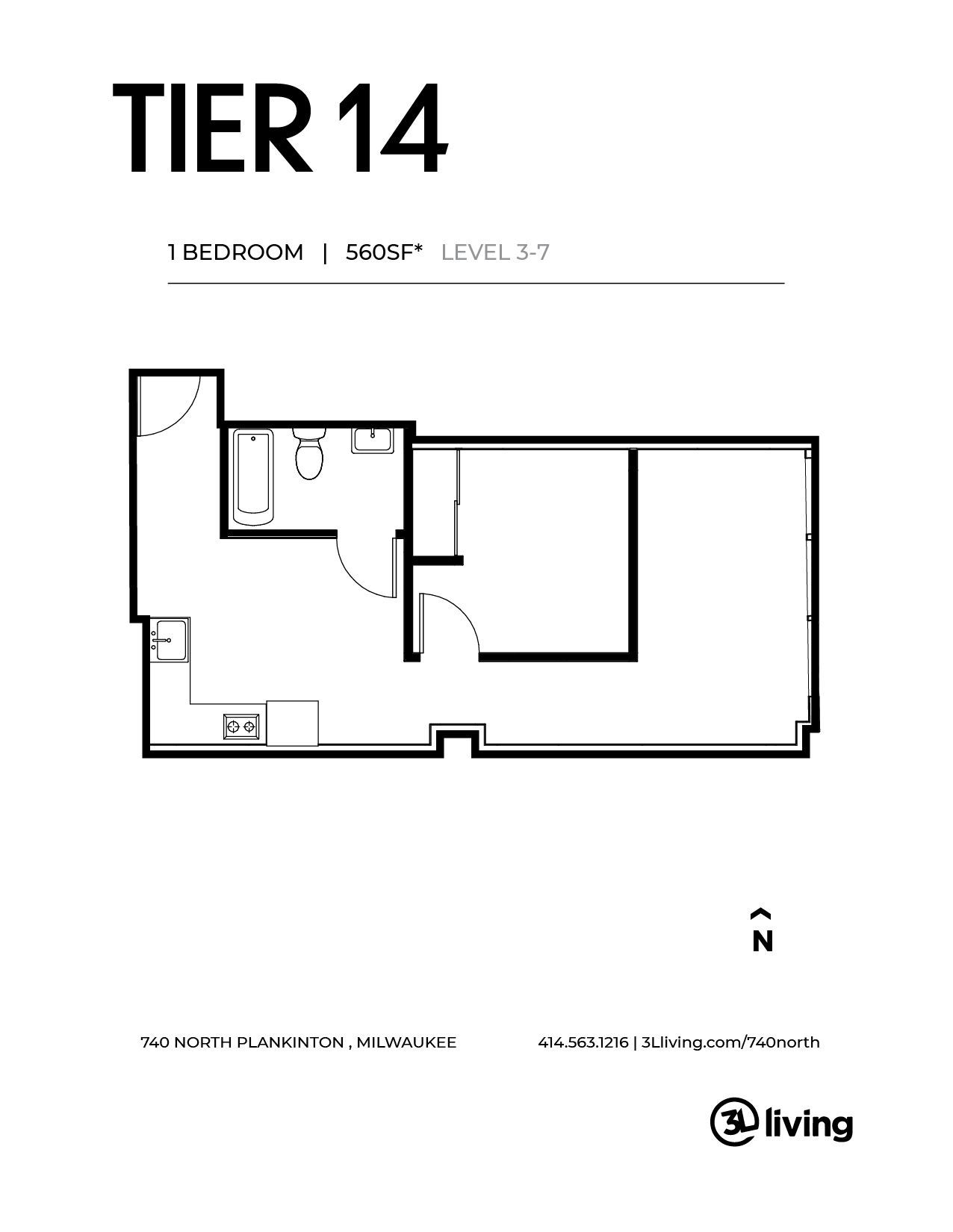 A black and white floor plan of a tier 14 apartment.