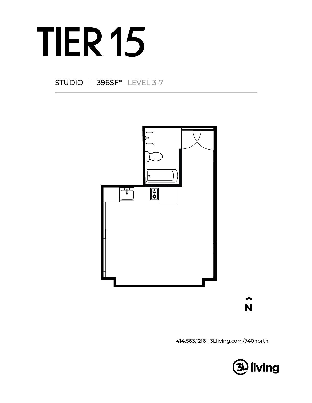 A black and white floor plan of a tier 15 apartment.