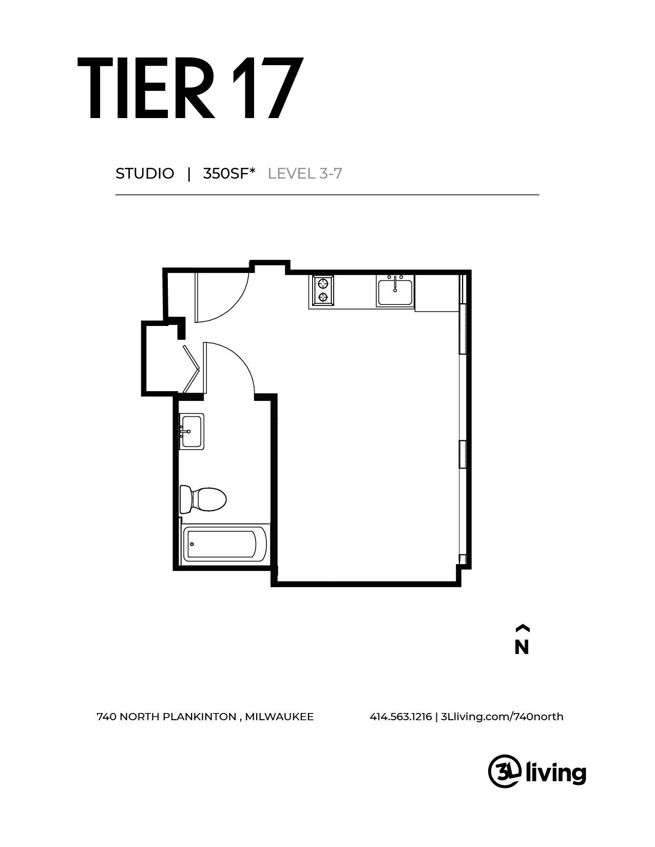 A black and white floor plan of a studio apartment.