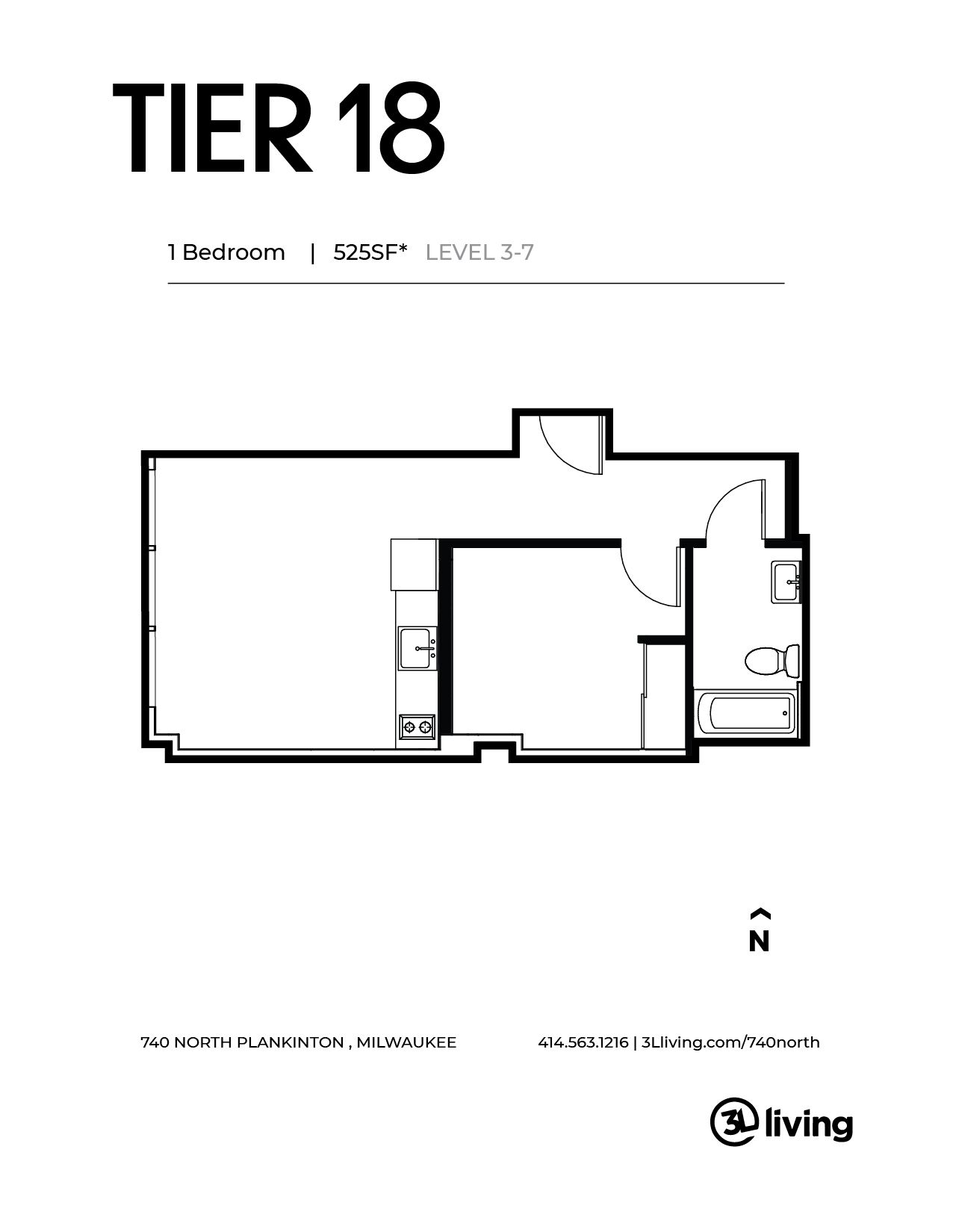 A black and white floor plan of a tier 18 apartment.