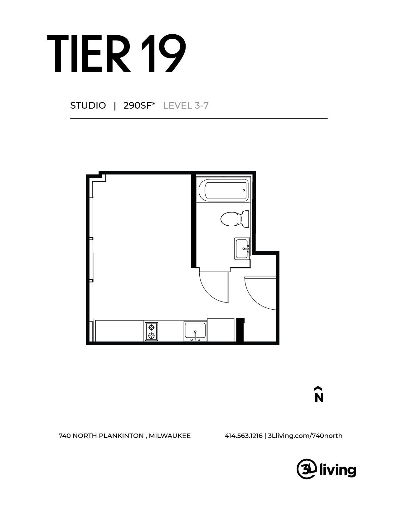 A black and white floor plan of a tier 19 apartment.