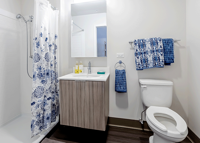 A bathroom with a sink , toilet , shower and mirror.