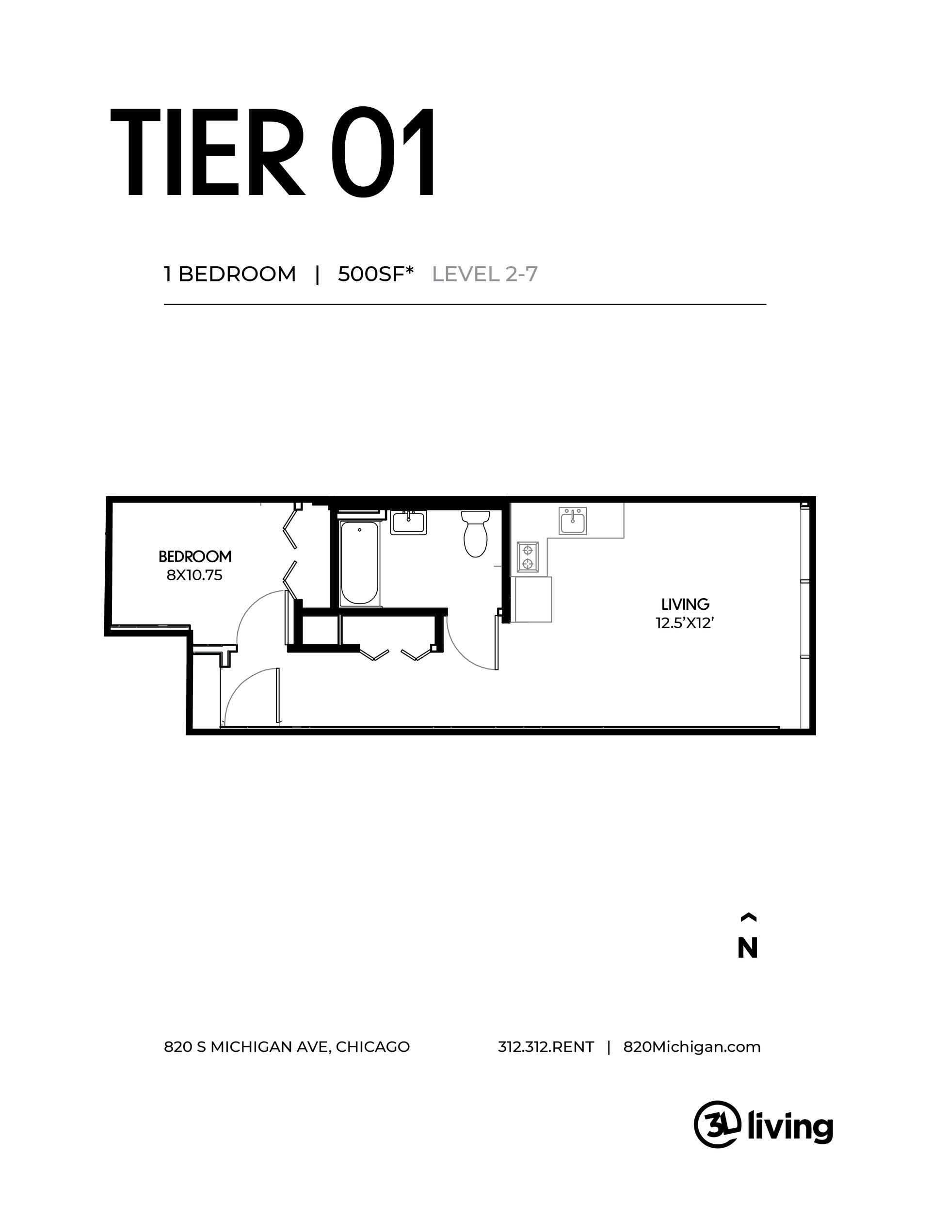 A black and white floor plan of a tier 01 apartment.