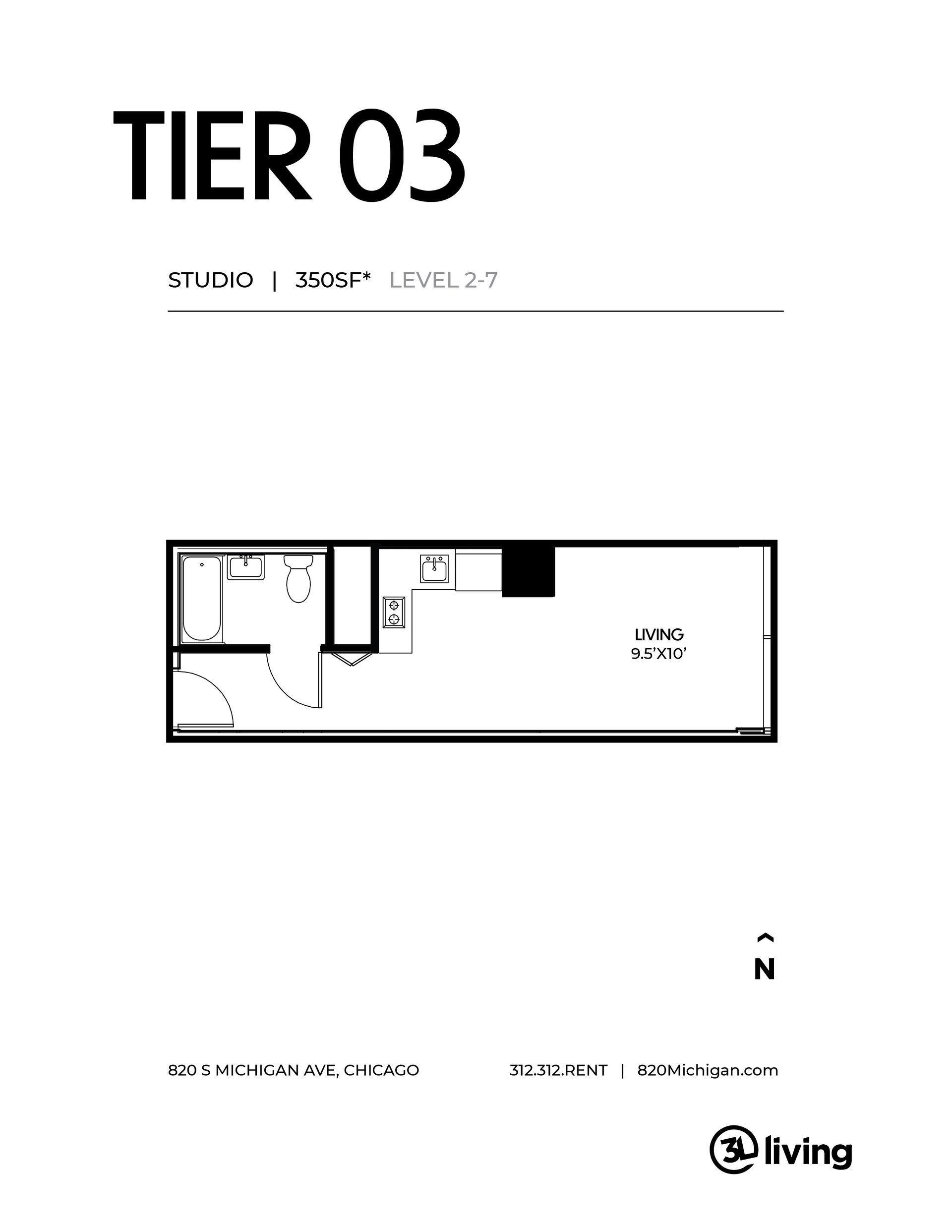 A black and white floor plan of a tier 03 apartment.