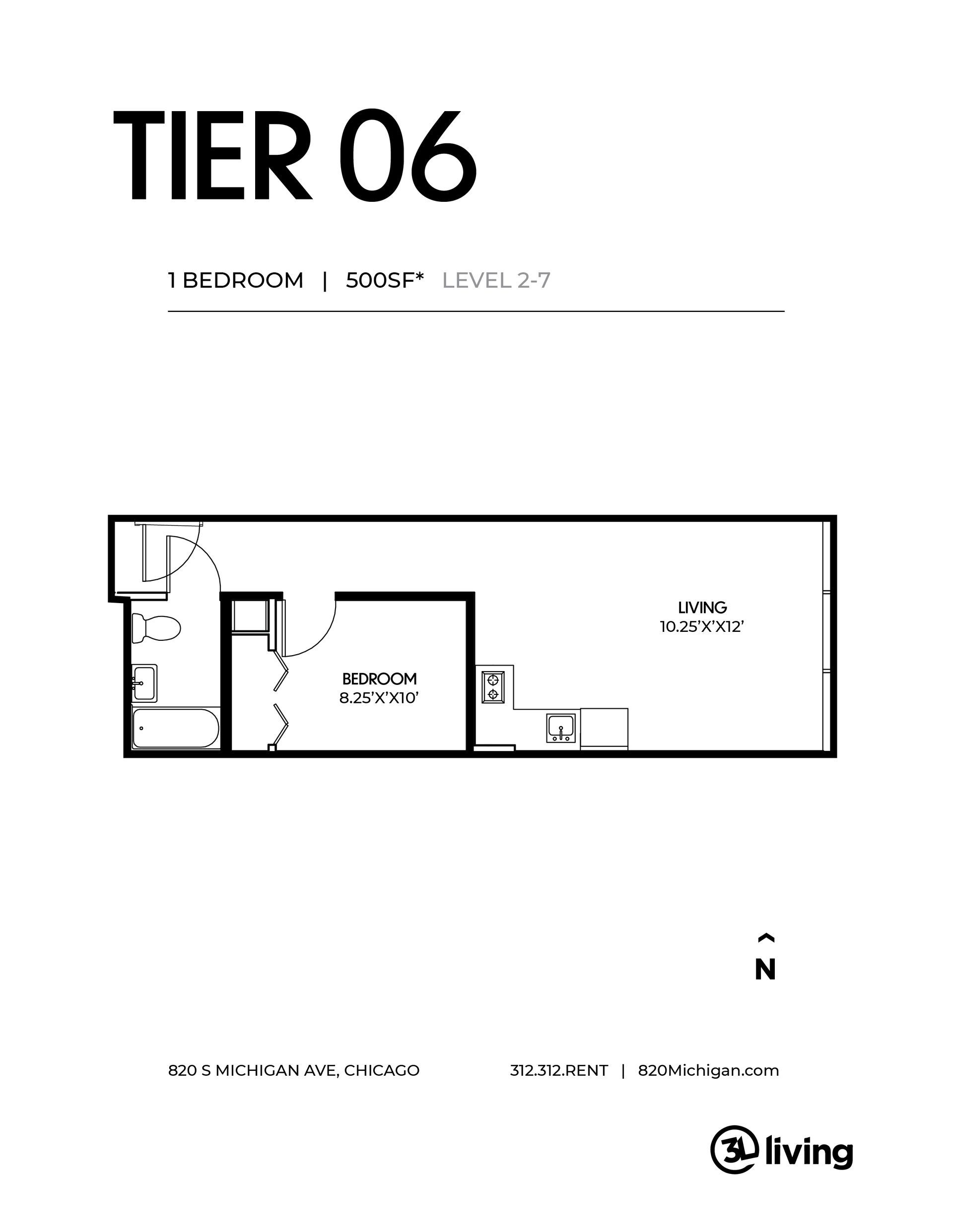 A black and white floor plan of a tier 06 apartment.