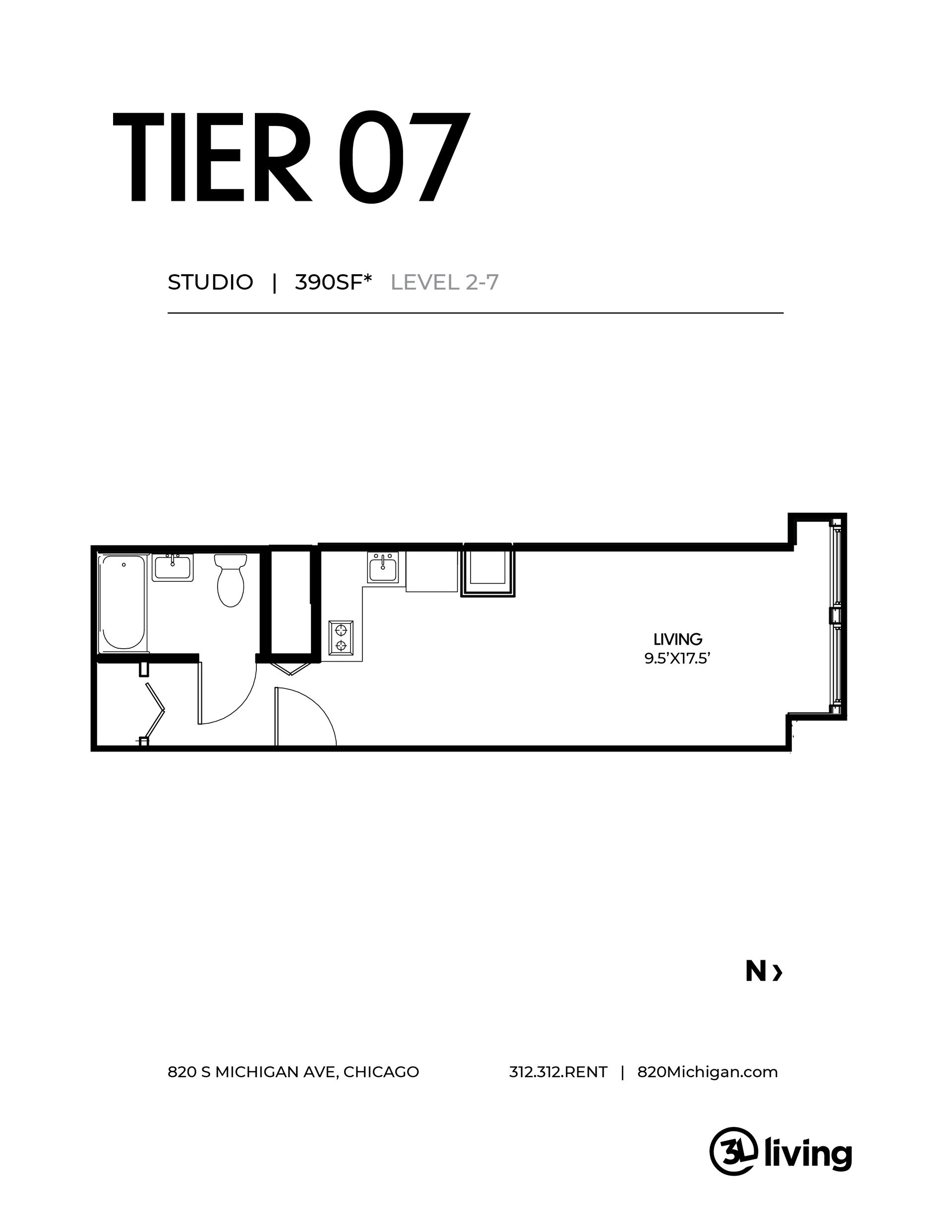 A black and white floor plan of a tier 07 apartment.