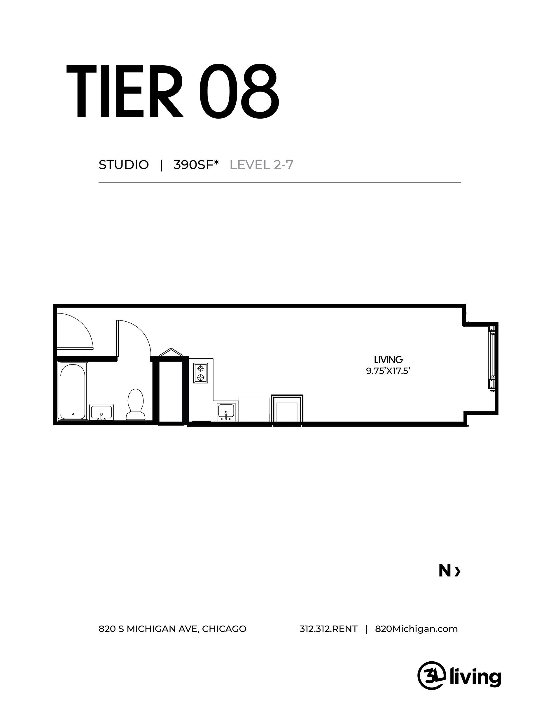 A black and white floor plan of a tier 08 apartment.