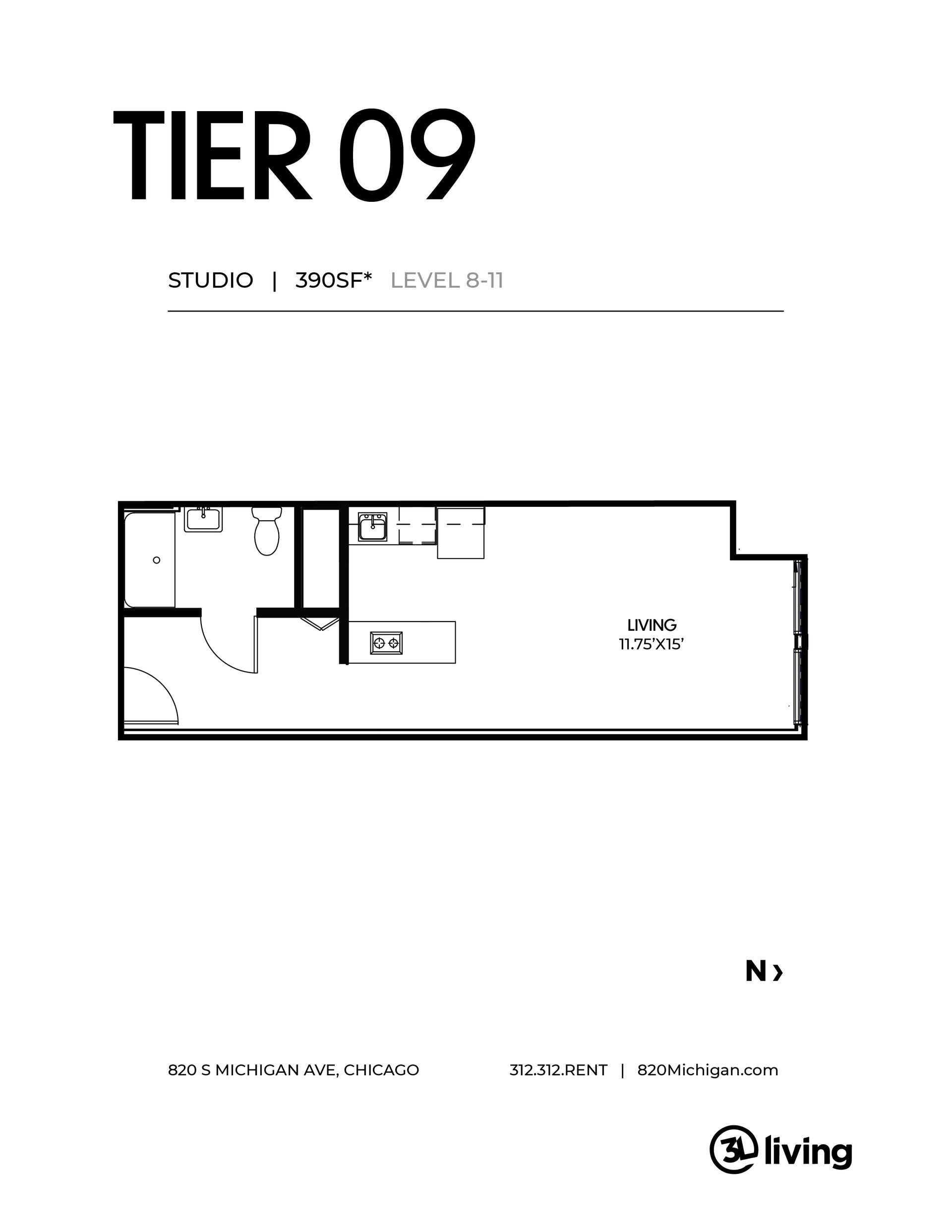 A black and white floor plan of a tier 09 apartment.