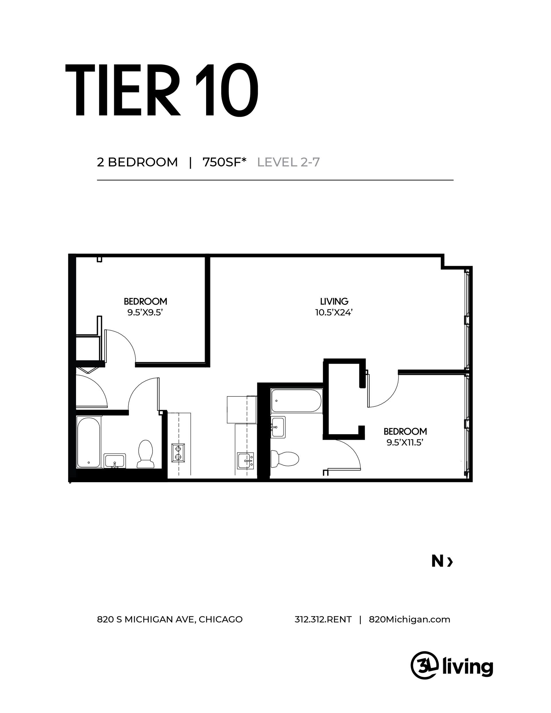 A black and white floor plan of a tier 10 apartment.