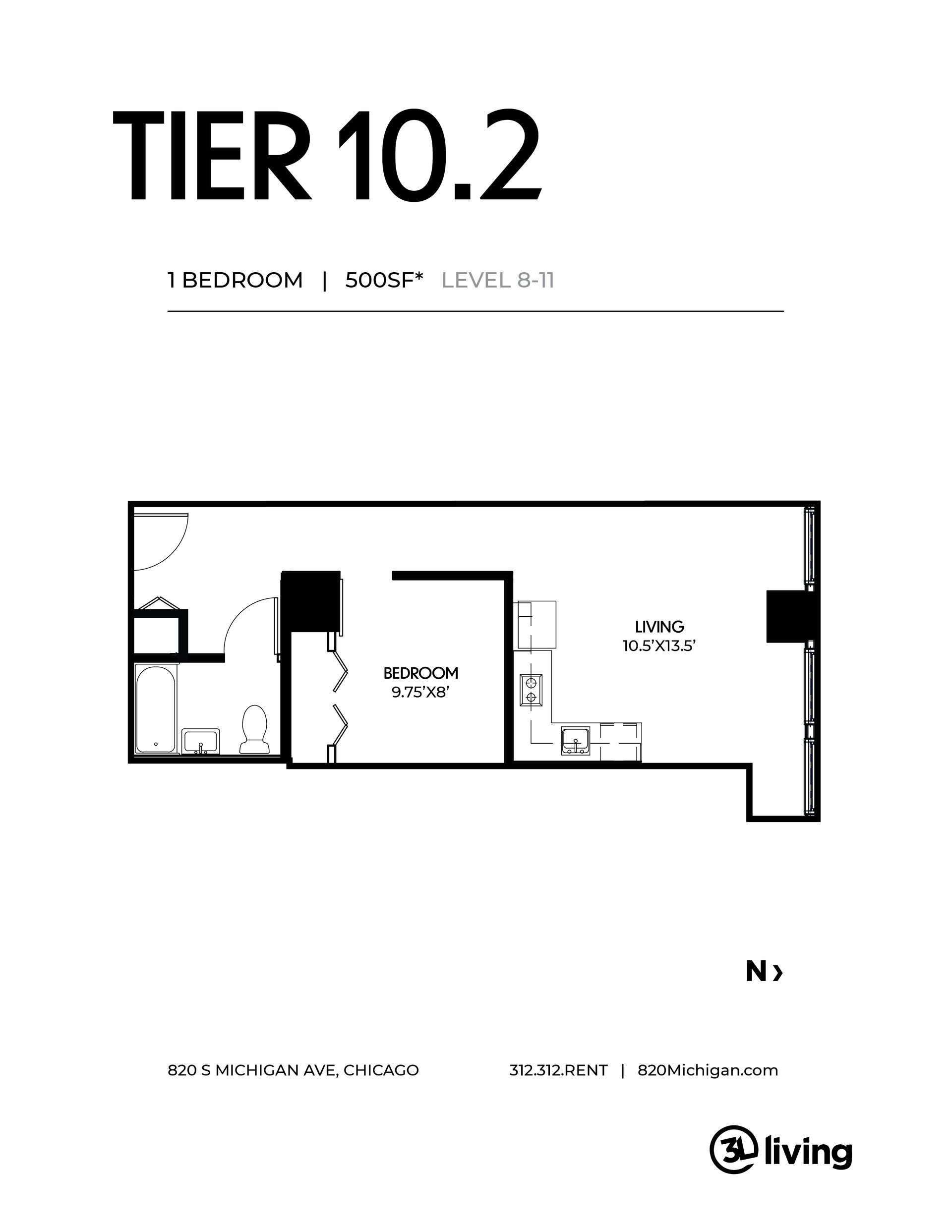 A black and white floor plan of a tier 10.2 apartment.