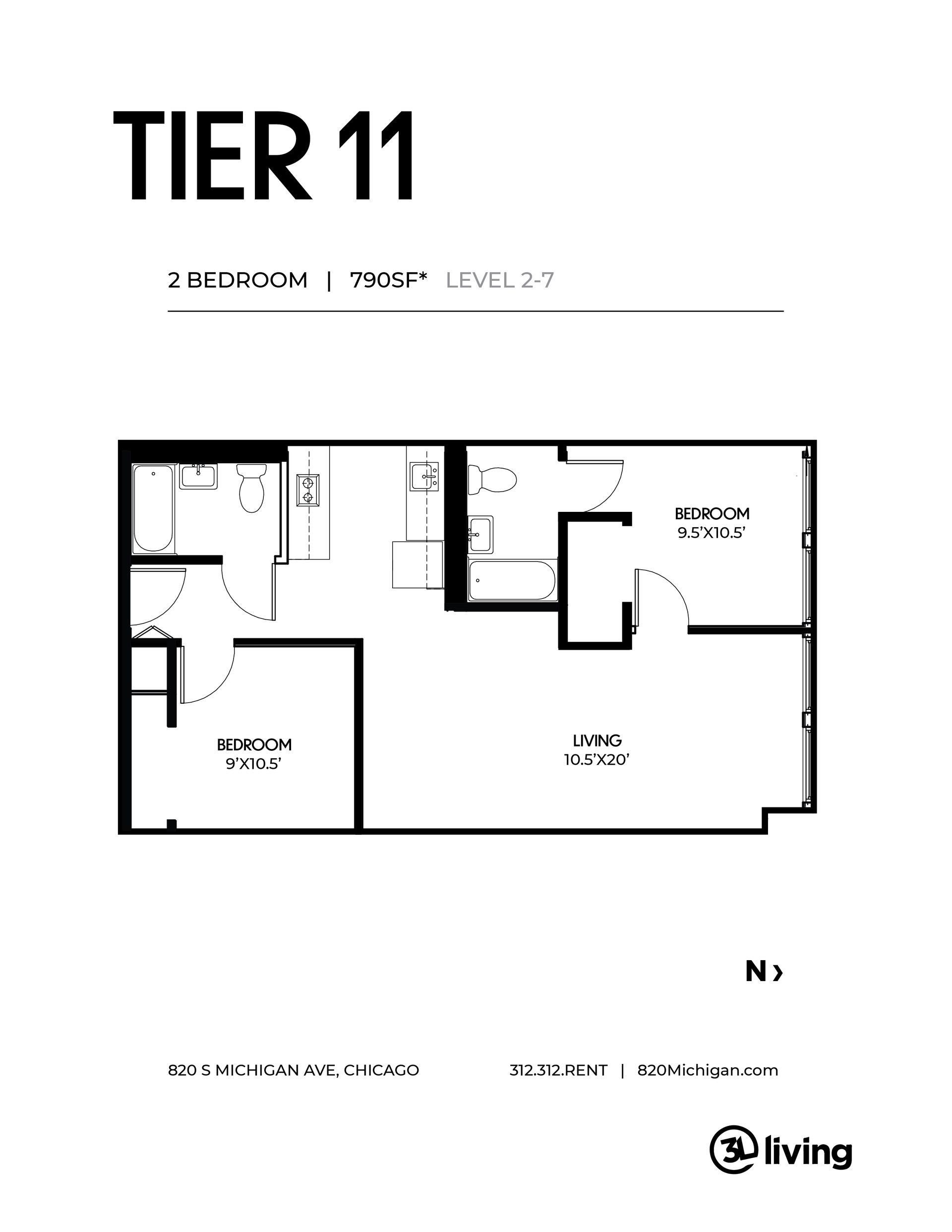 A black and white floor plan of a tier 11 apartment.