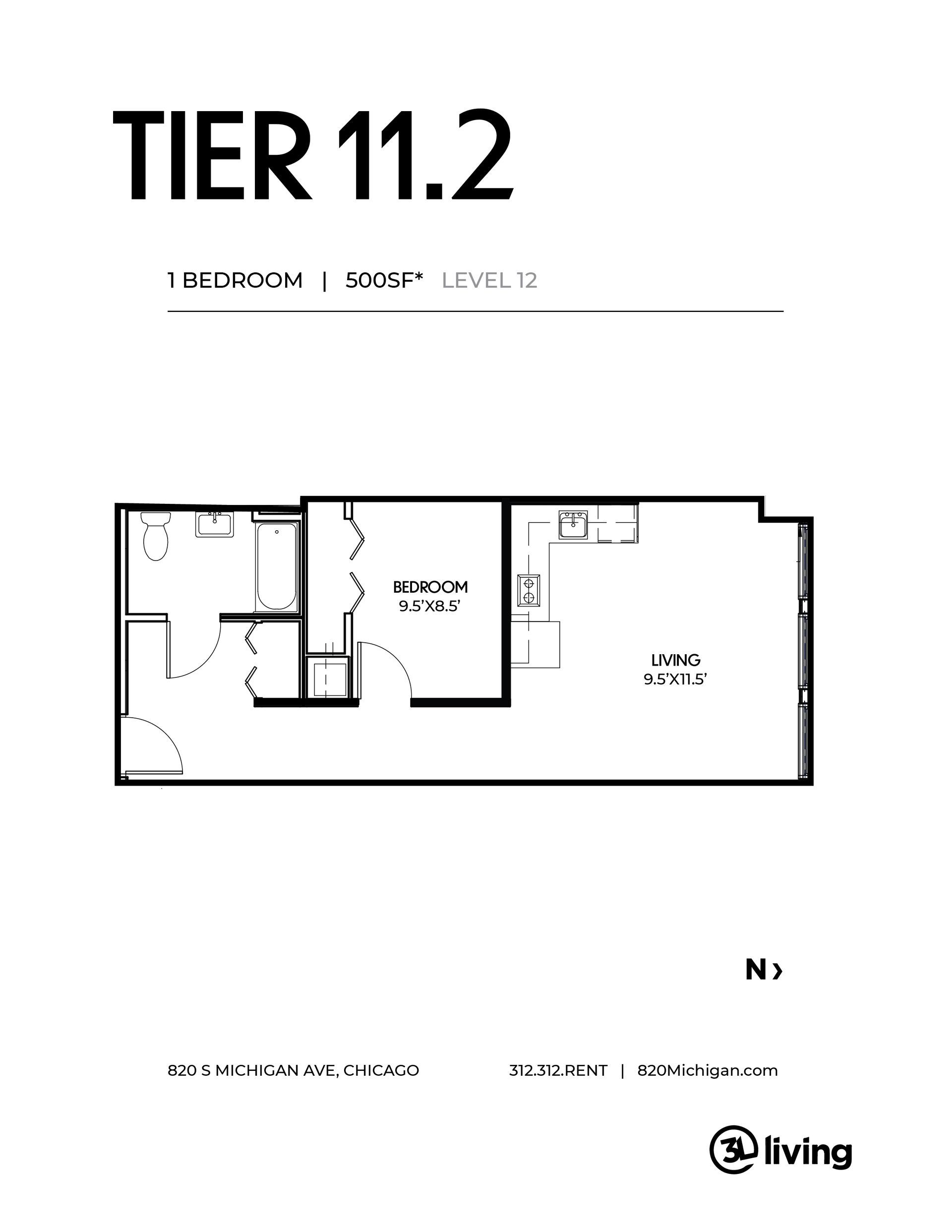 A black and white floor plan of a tier 11.2 apartment.