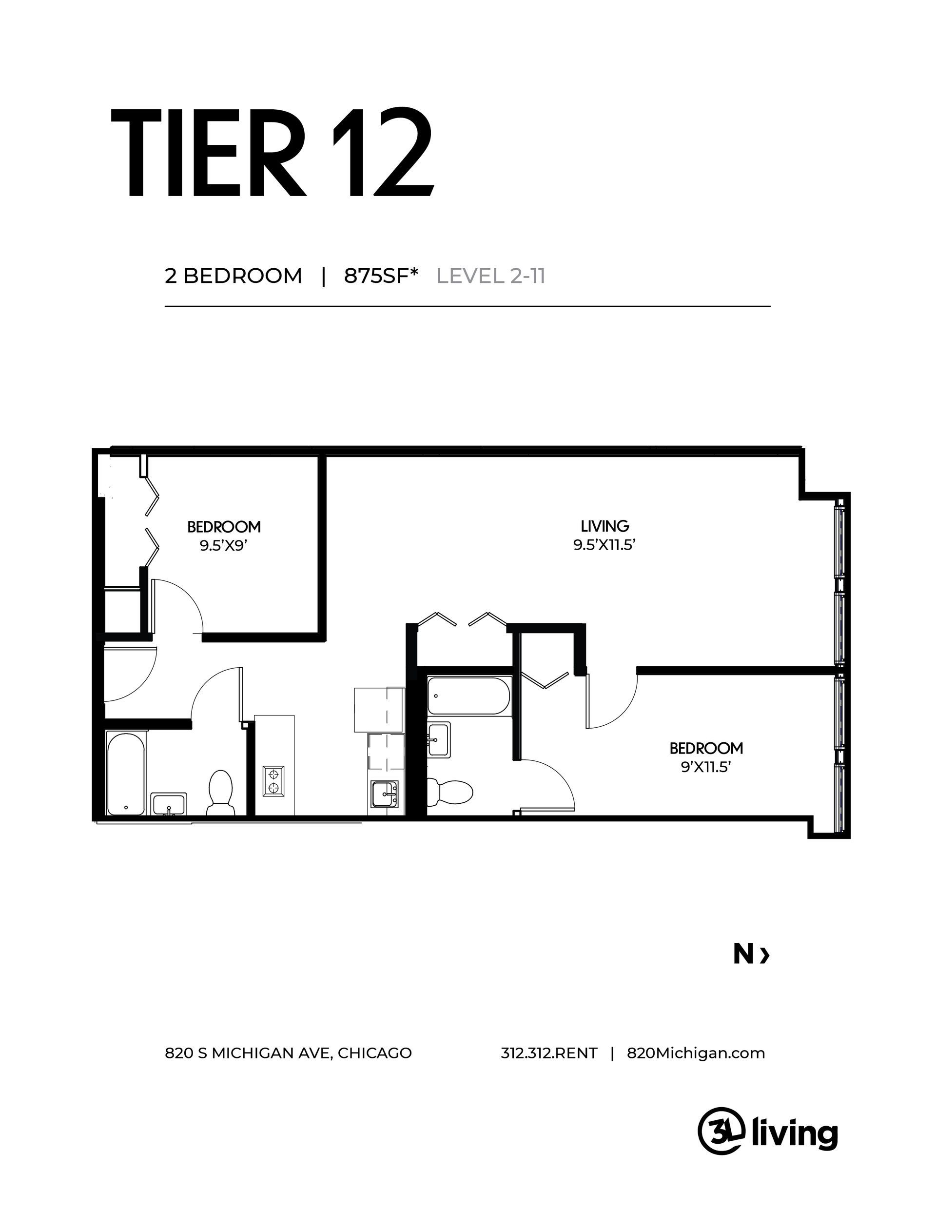 A black and white floor plan of a tier 12 apartment.