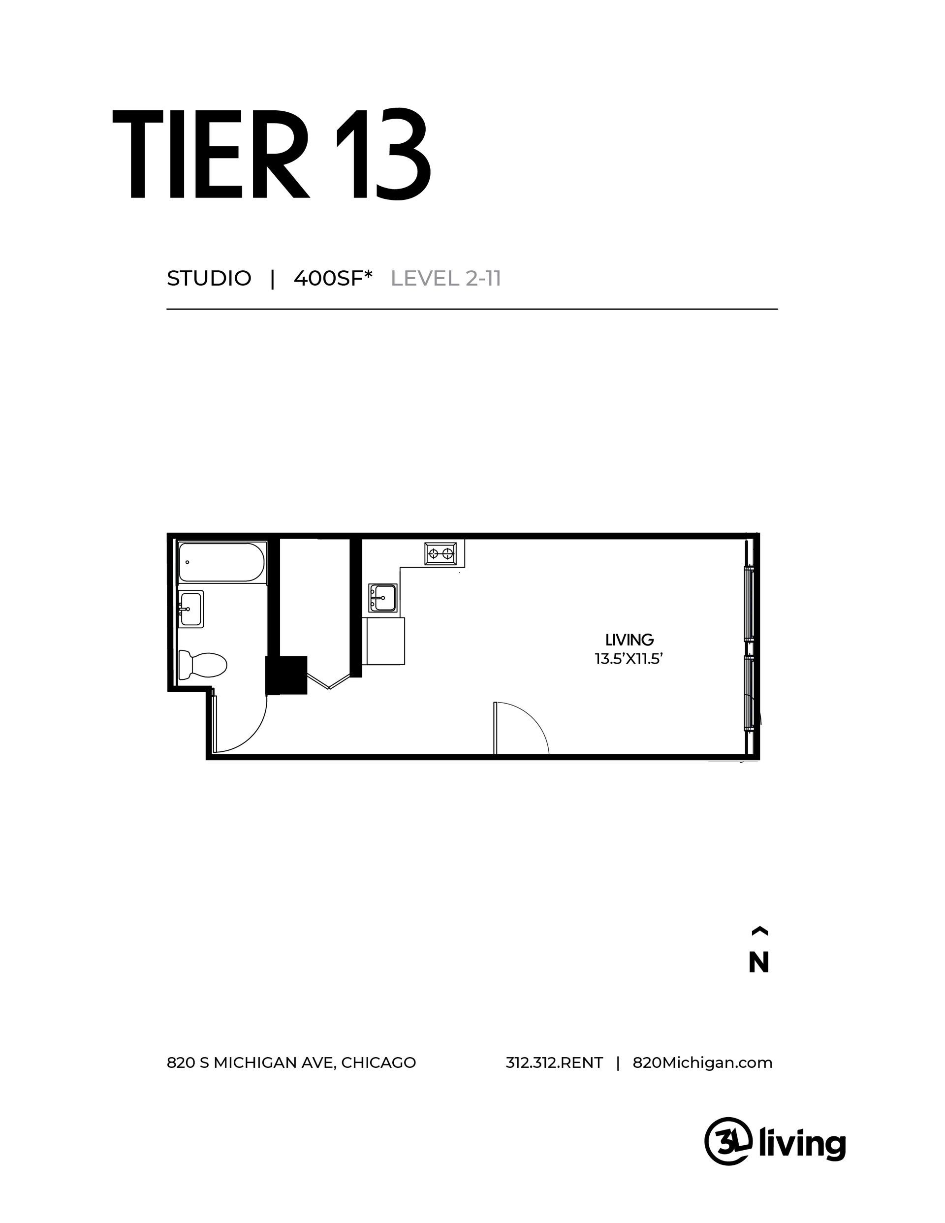 A black and white floor plan of a tier 13 apartment.