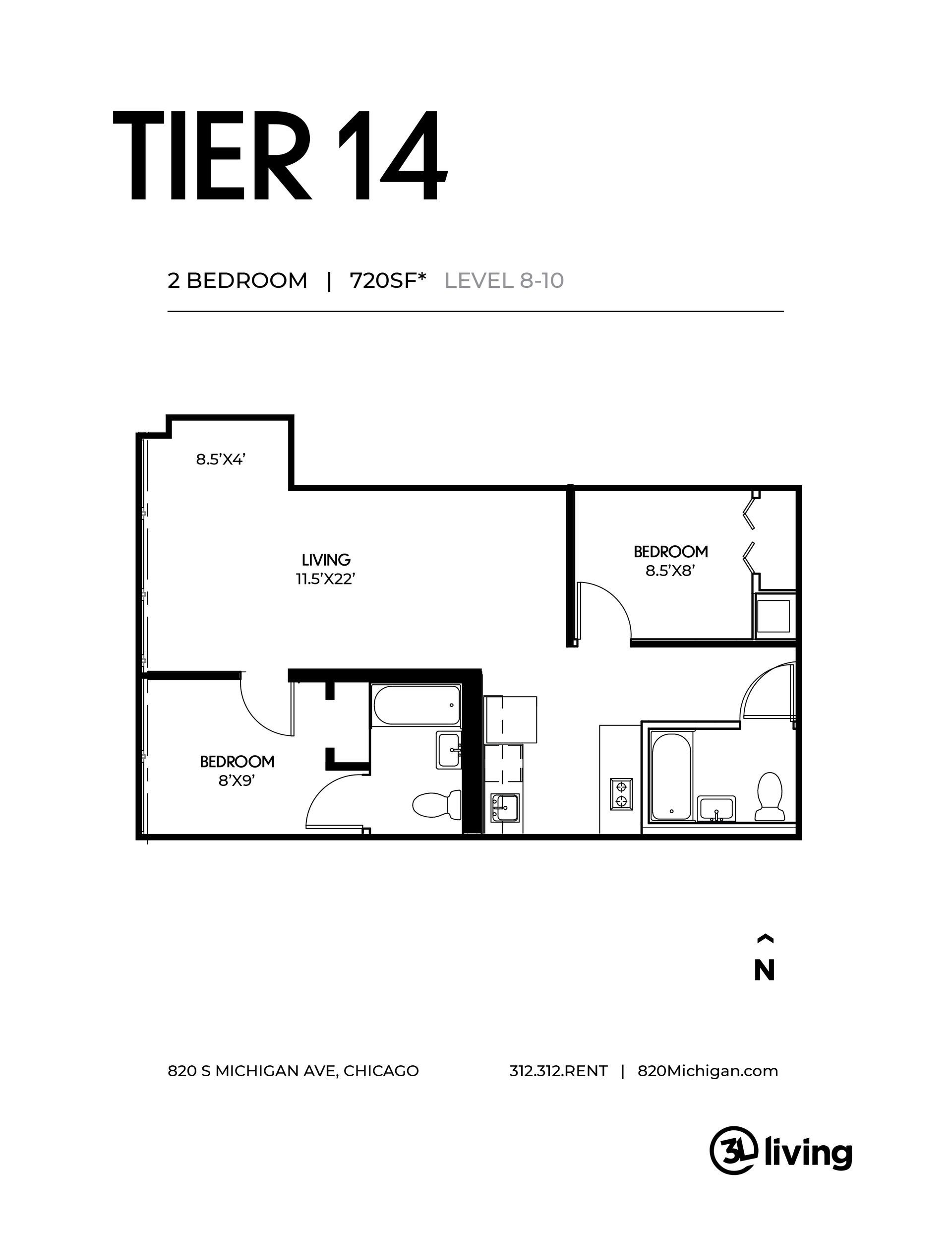 A black and white floor plan of a tier 14 apartment.