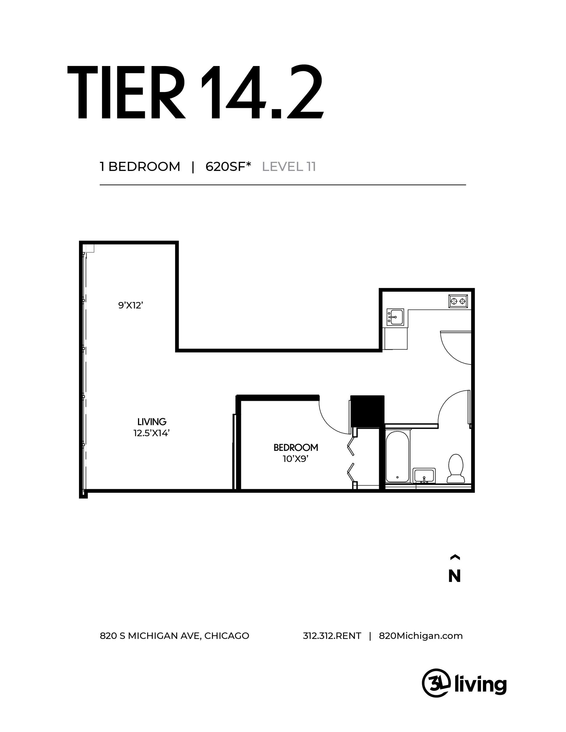 A black and white floor plan of a tier 14.2 apartment.