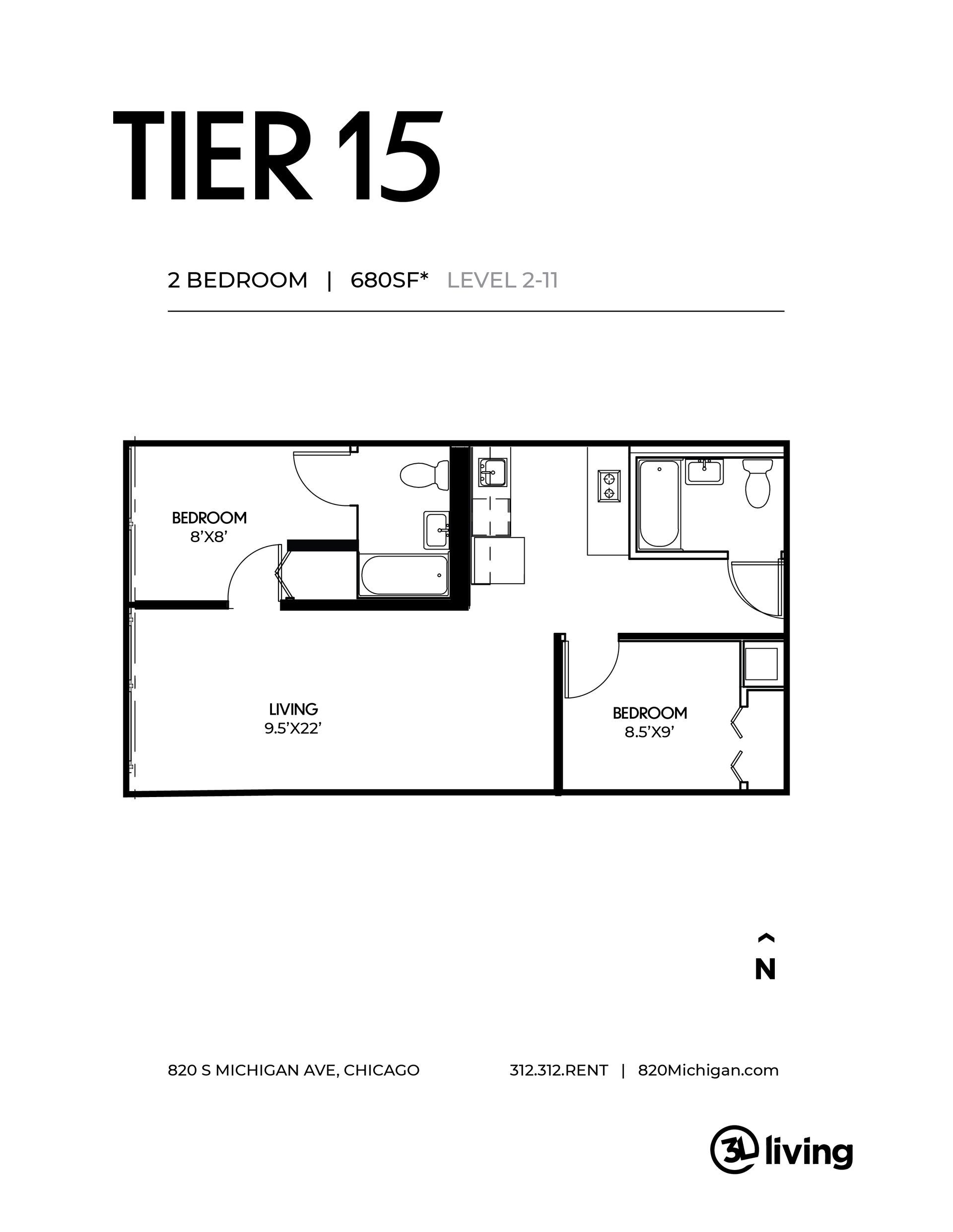 A black and white floor plan of a tier 15 apartment.