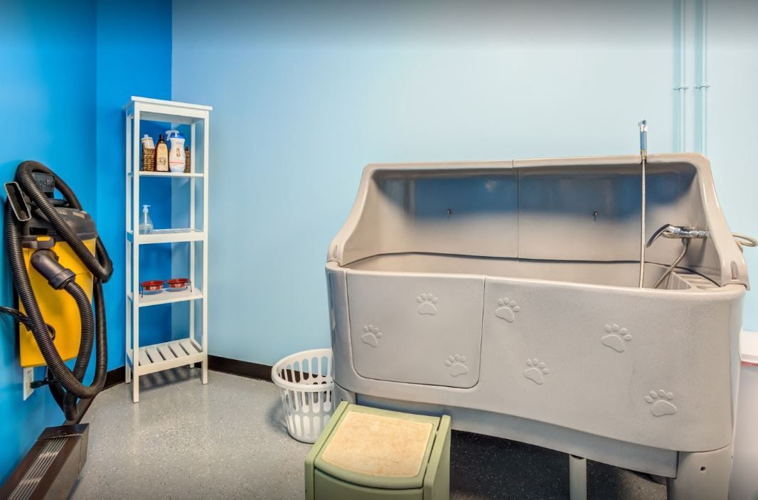 A room with a bathtub and a vacuum cleaner in it.