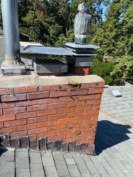Brick chimney with owl statue on top; metal flue, cap, and flashing.