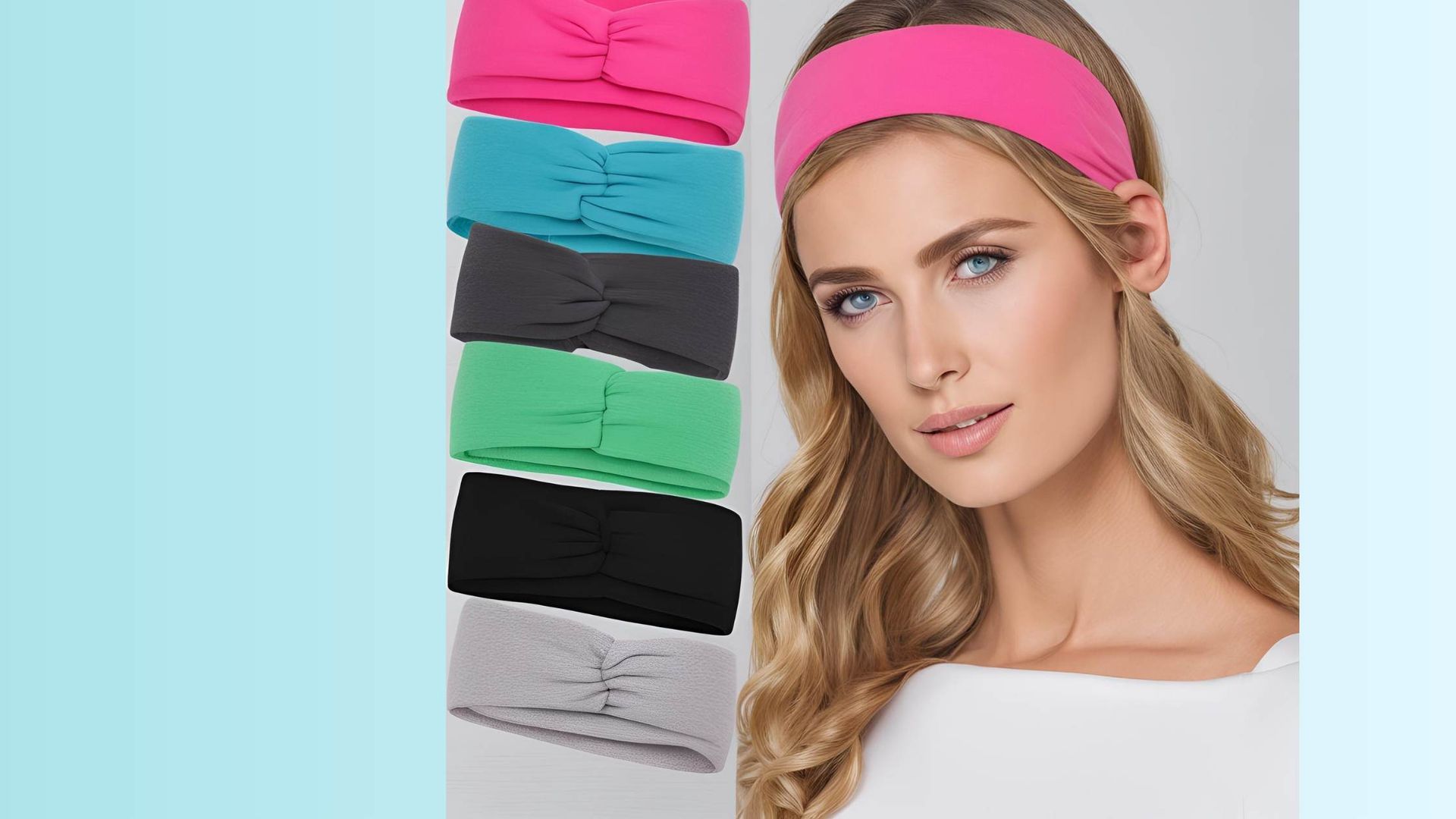 Woman wearing white top and pink headband.  With headband of different colours displayed.