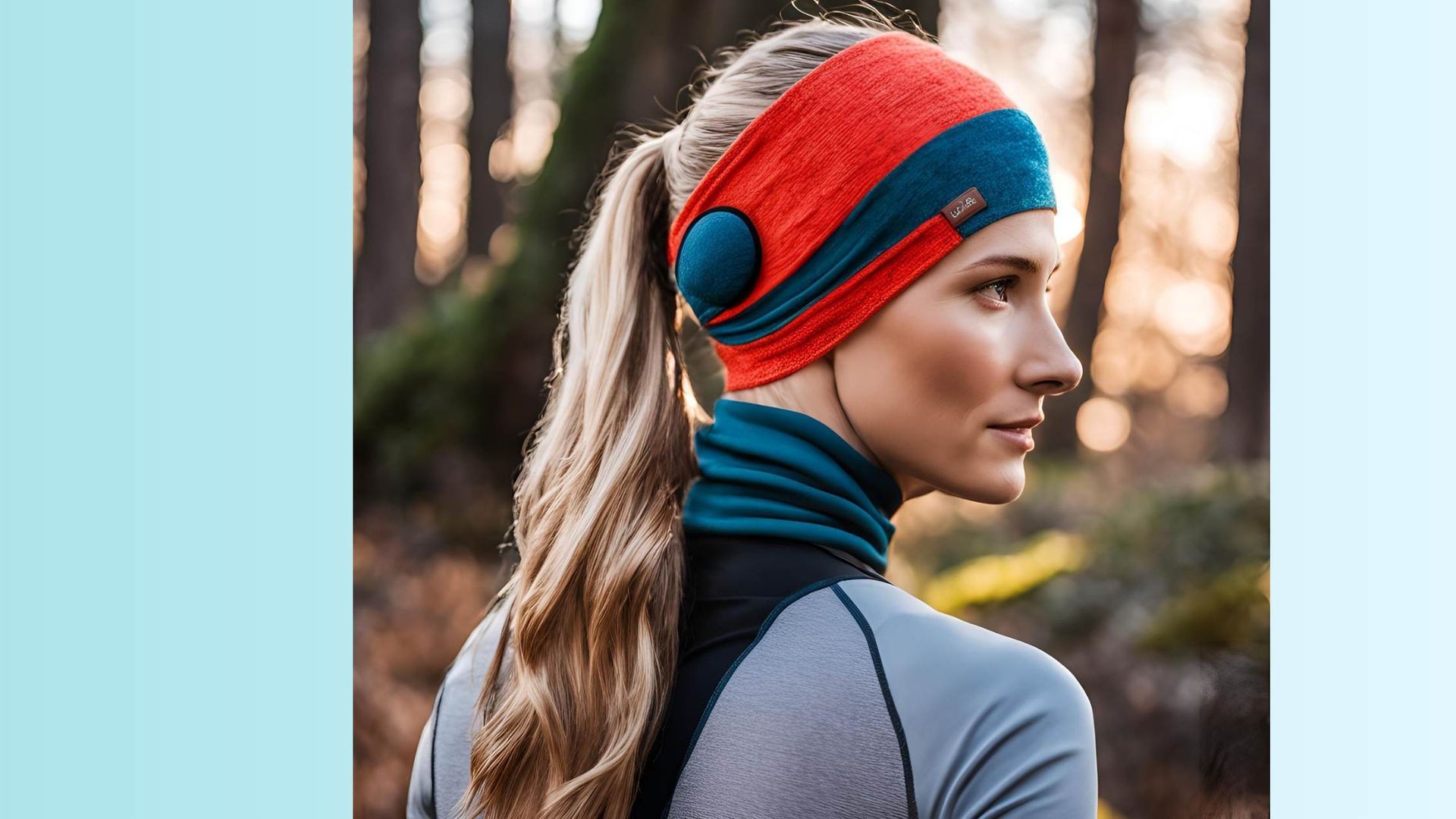 Woman in the outdoors wearing a blue and red headband as ear warmer and a jacket on. 