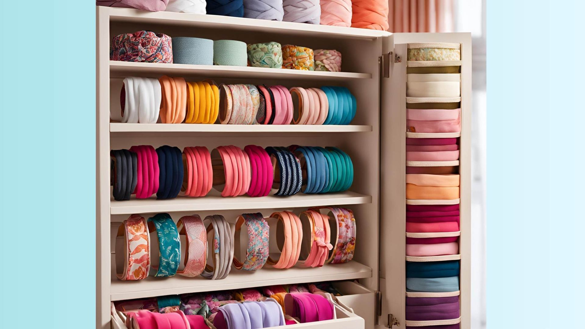 Image of headband organiser that is similar to the size of a tall book cabinet with headbands.