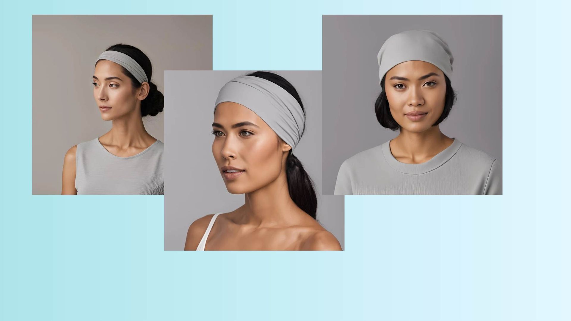 Three different women wearing a Ninkus Headbandscarves.  Worn in three different ways.