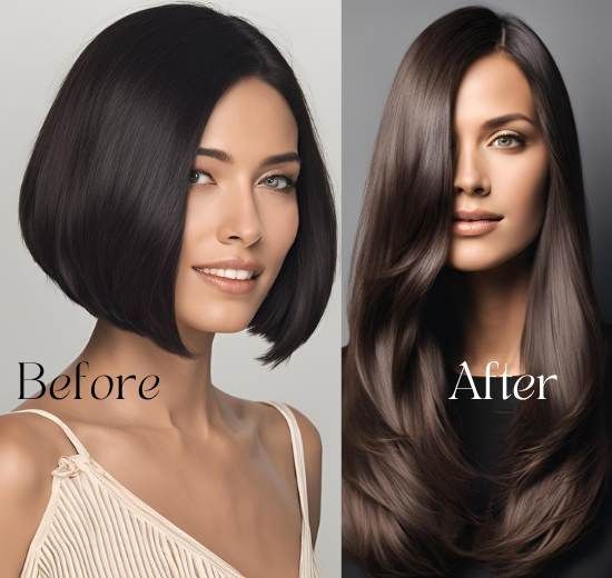 Image of woman with short hair before image and besides there is a woman with long hair depicting the after image.
