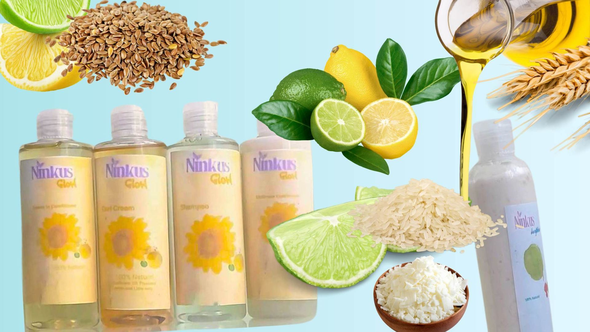 Image of haircare products from Ninkus.  With pictures of vibrant fruits such as Lemon, lime.