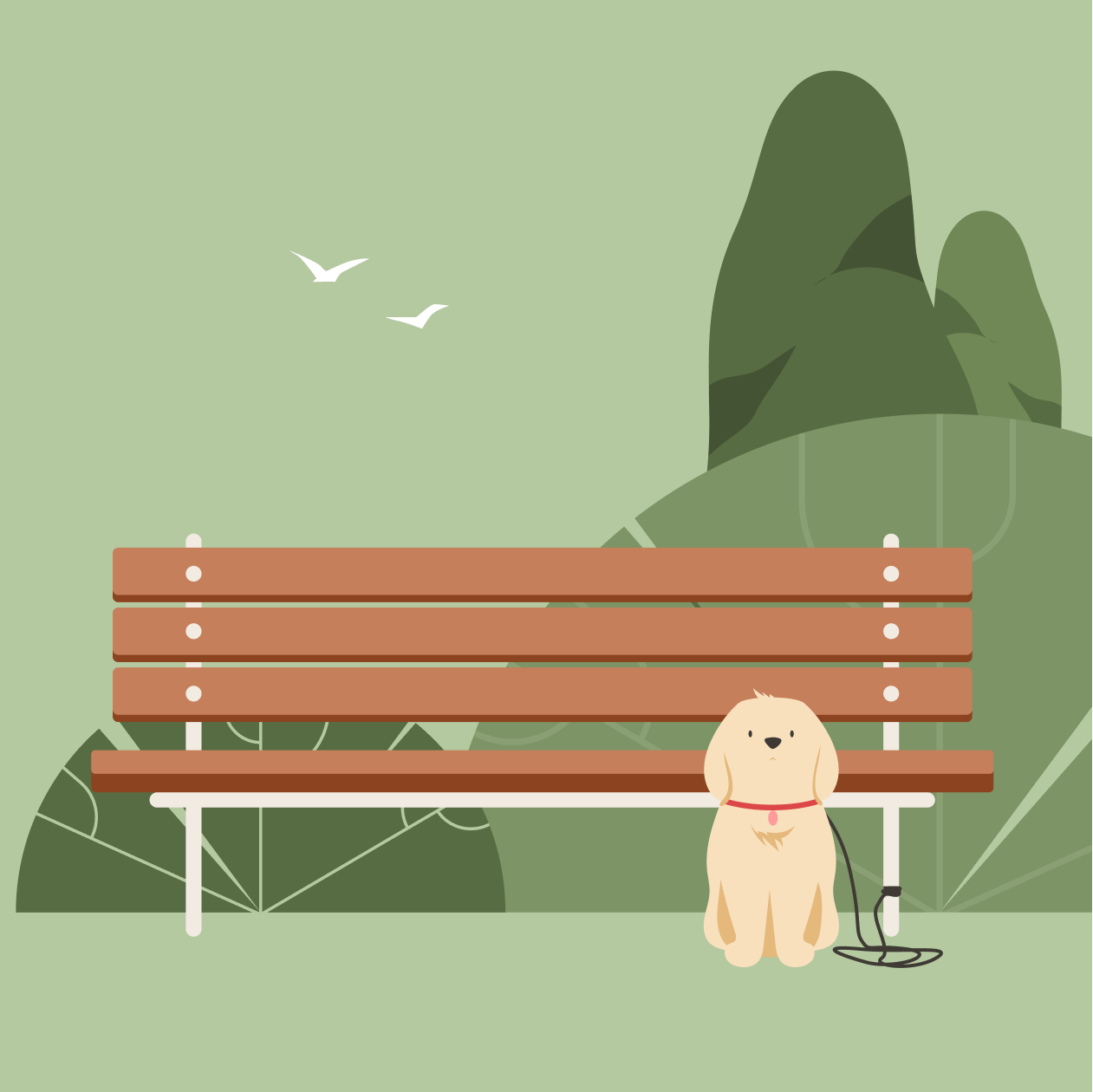 illustration of a golden dog with a leash sitting near park bench