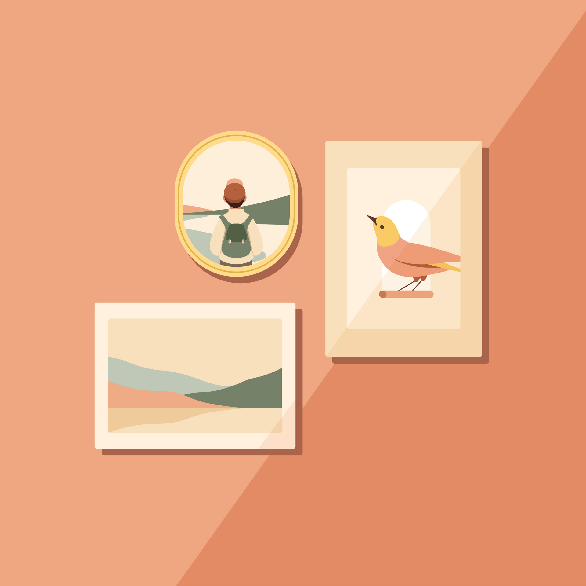 illustration of a pictures framed on an orange wall