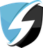 Blue and black shield with a white lightning bolt and curved lines.