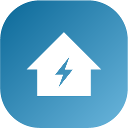 White house silhouette with lightning bolt on a blue rounded square background.