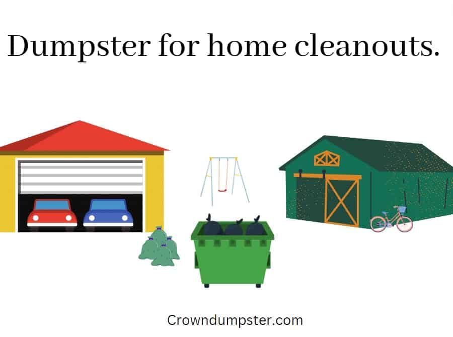 Green dumpster between a garage, shed, and swing set for home cleanouts.