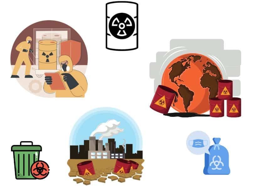 Illustrations of radioactive waste: barrels, hazmat suits, Earth, factory with barrels, biohazard symbols.