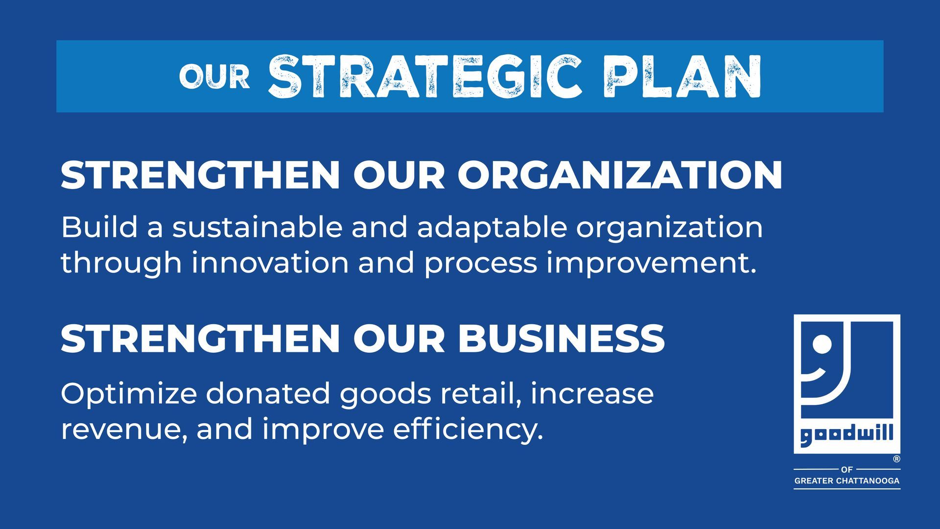 A blue sign that says our strategic plan on it