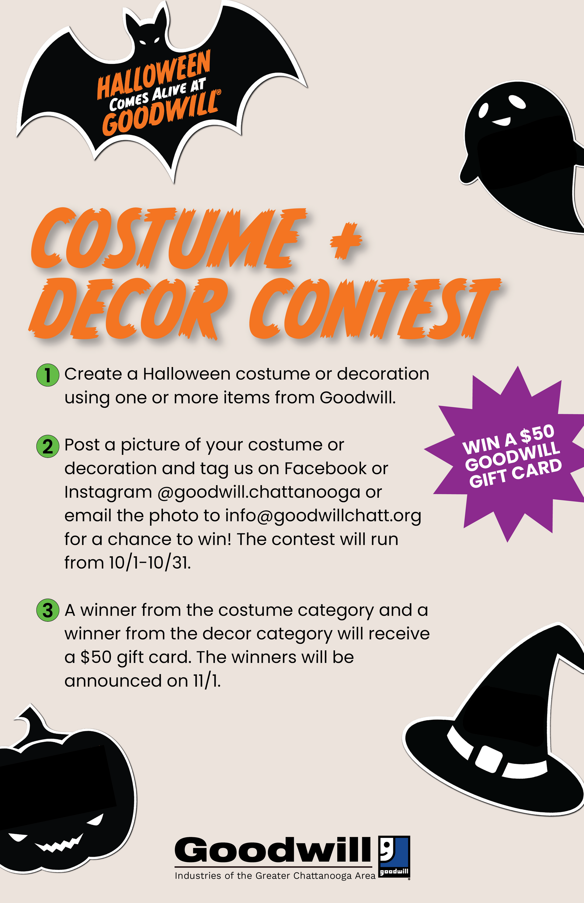 A poster for a halloween costume and decor contest.