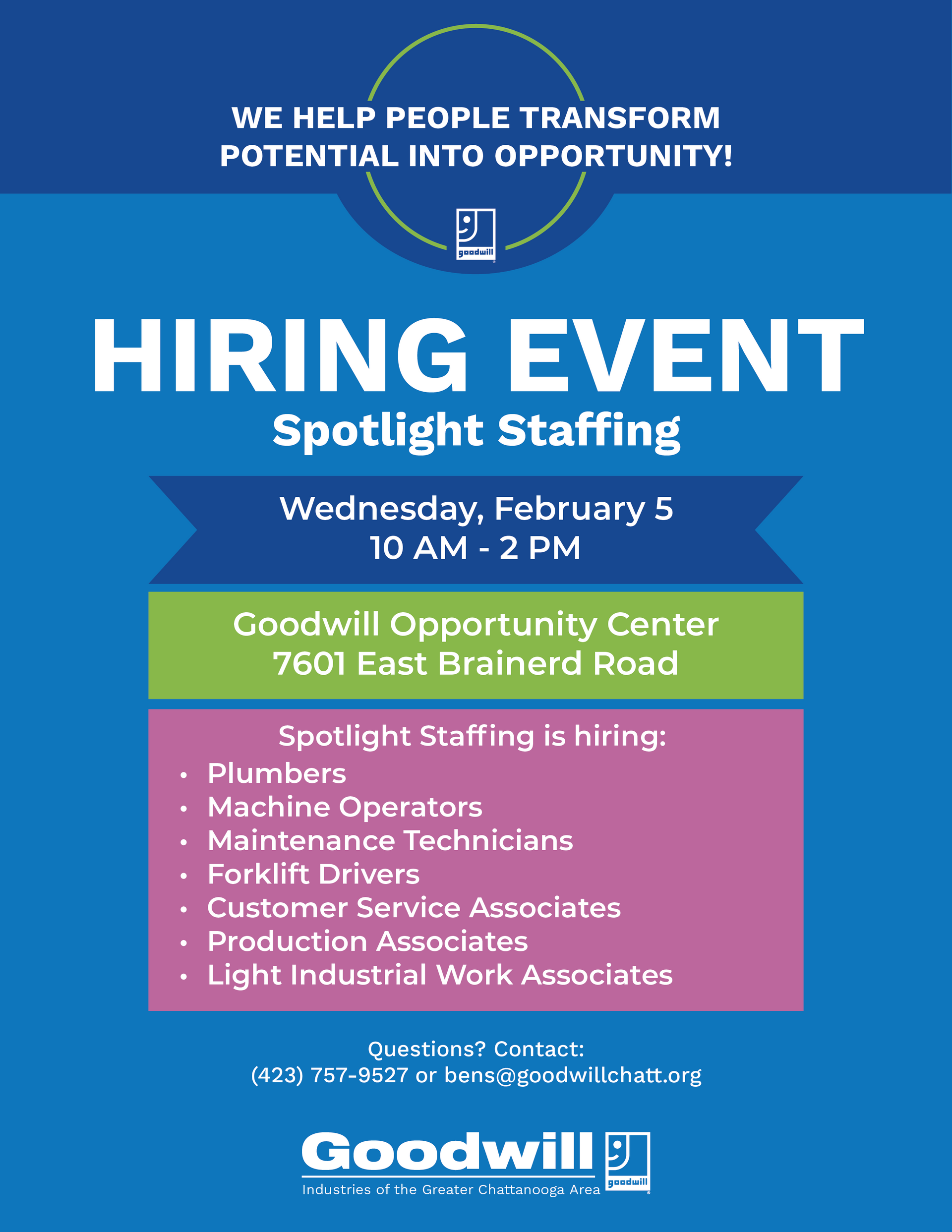 A hiring event is taking place on thursday , january 9 at 10 am and 2 pm.