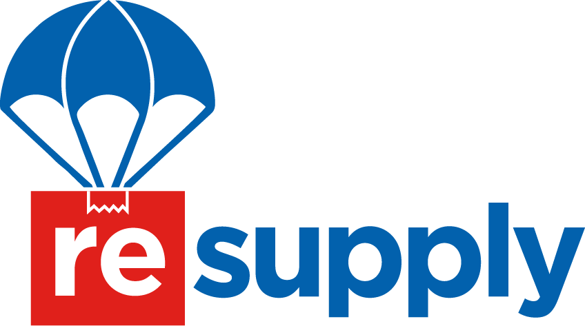 A logo for a company called resupply with a parachute flying over a box.