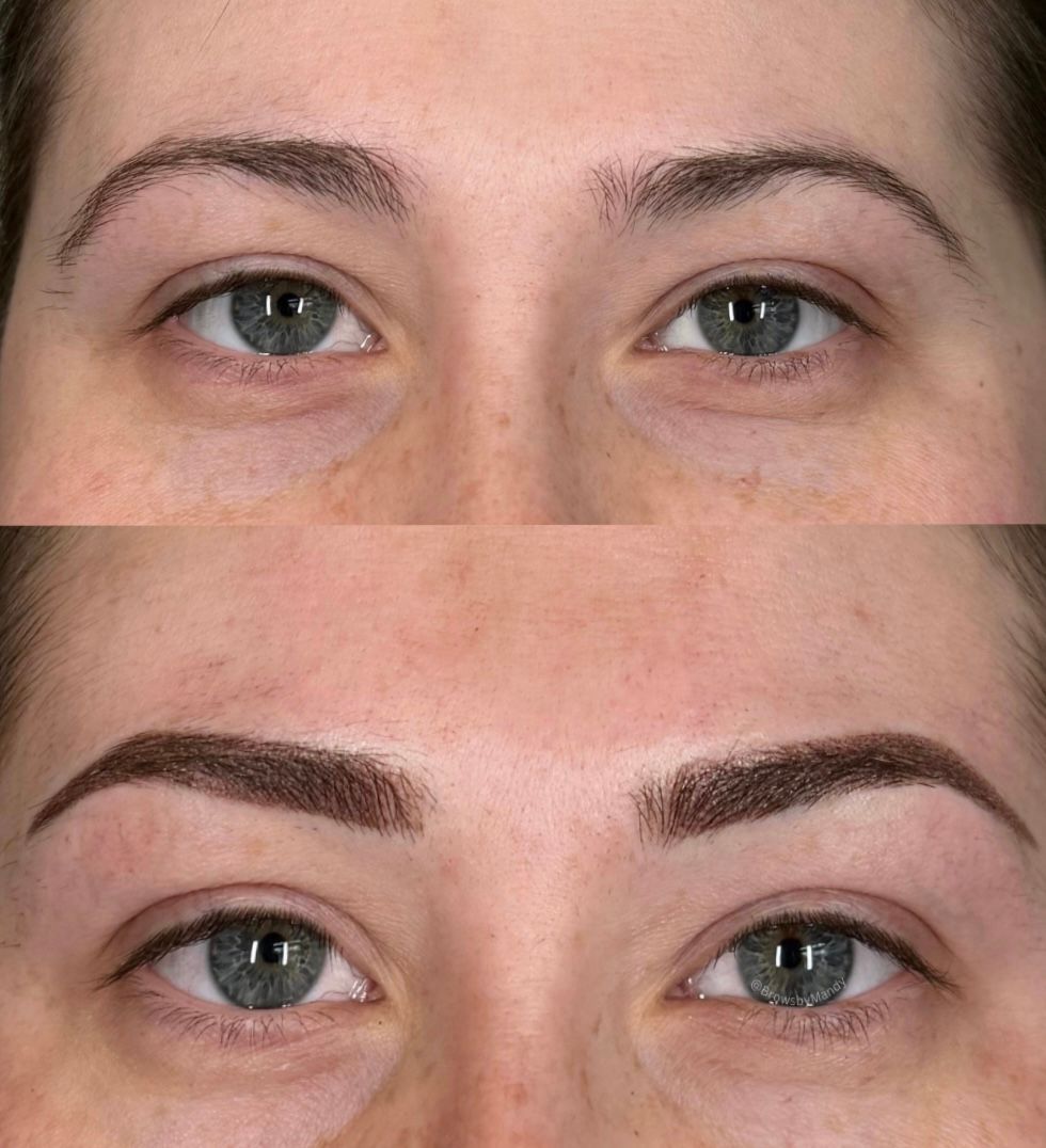 Before and after of woman's eyebrows; top unshaped, bottom filled, brown.