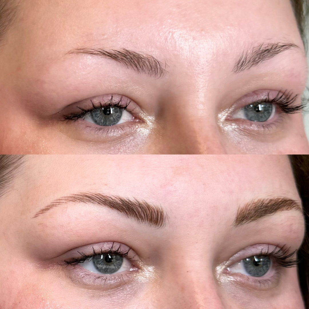 Before and after eyebrows. Darker, filled-in brows on bottom, lighter, sparse brows on top. Light skin, blue eyes.