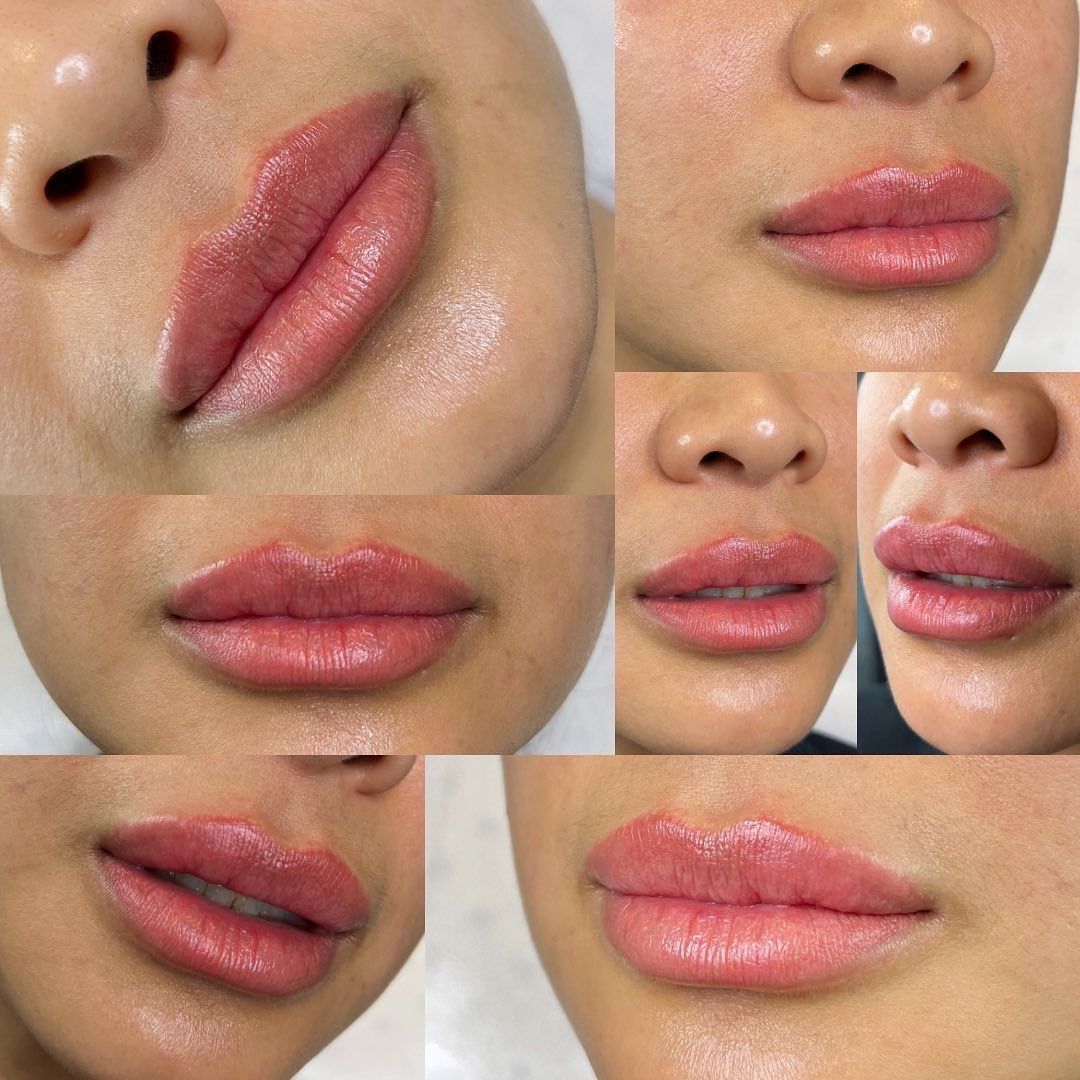 Close-up of woman's lips, showcasing various angles of lip blushing with a natural, pink hue.
