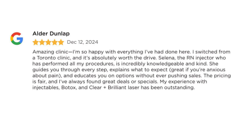 Google review by Alder Dunlap: 5 stars, praises clinic, Selena the injector, procedures like injectables and Botox.