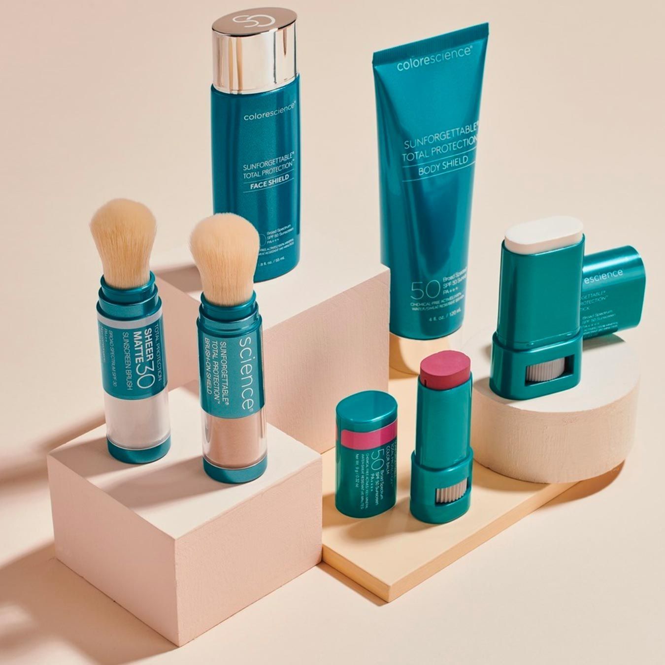 A variety of beauty products are displayed on a table