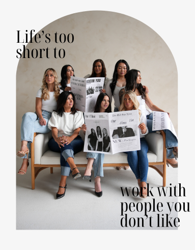 Group of women holding newspapers, sitting on a couch; text reads: Life's too short to work with people you don't like.